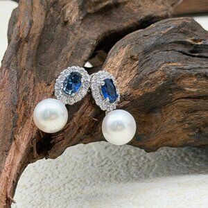Pearl Stud Earrings Blue Gemstone Halo Elegant Jewelry Gift